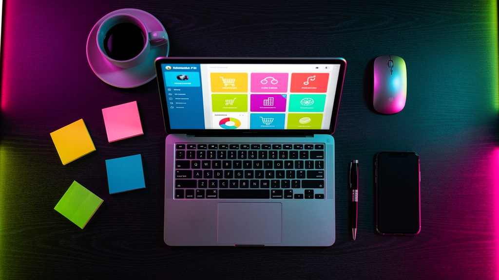 Quero criar um site de vendas: Guia completo para iniciantes — Uma mesa de escritório organizada com um notebook aberto mostrando um diagrama de planejamento estratégico para um site de vendas. Post-i