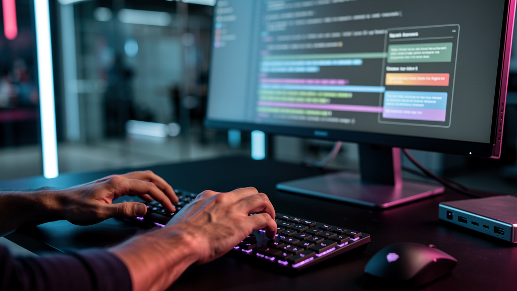 Quillium IA: A Revolução na Criação de Conteúdo Empresarial — Close-up de uma mão digitando em um teclado moderno. No monitor, um editor de texto exibe um parágrafo com várias sugestões de melhoria de