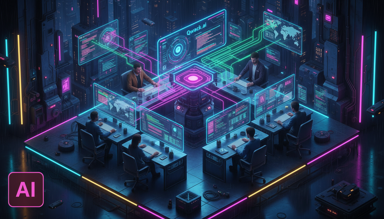 Qwack.ai: Planeje e Construa em Equipe com a IA — Ilustração isométrica de uma equipe global trabalhando em um projeto de software colaborativo. Cada membro da equipe está conectado através de telas q