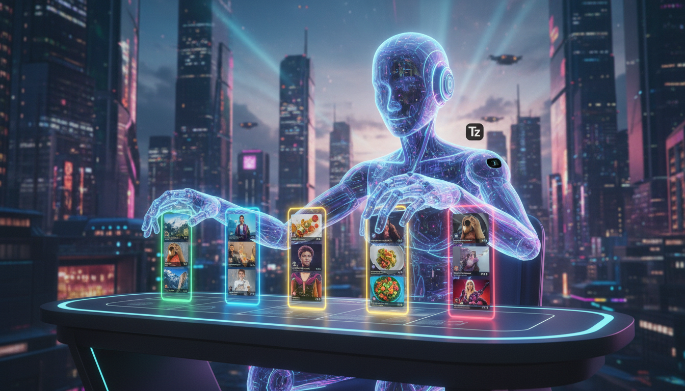 Radar de IA: novidades e destaques do mês — Um agente de IA estilizado, com um design amigável e moderno, interagindo com miniaturas de perfis de Instagram de diversos setores (turismo, moda, gastrono