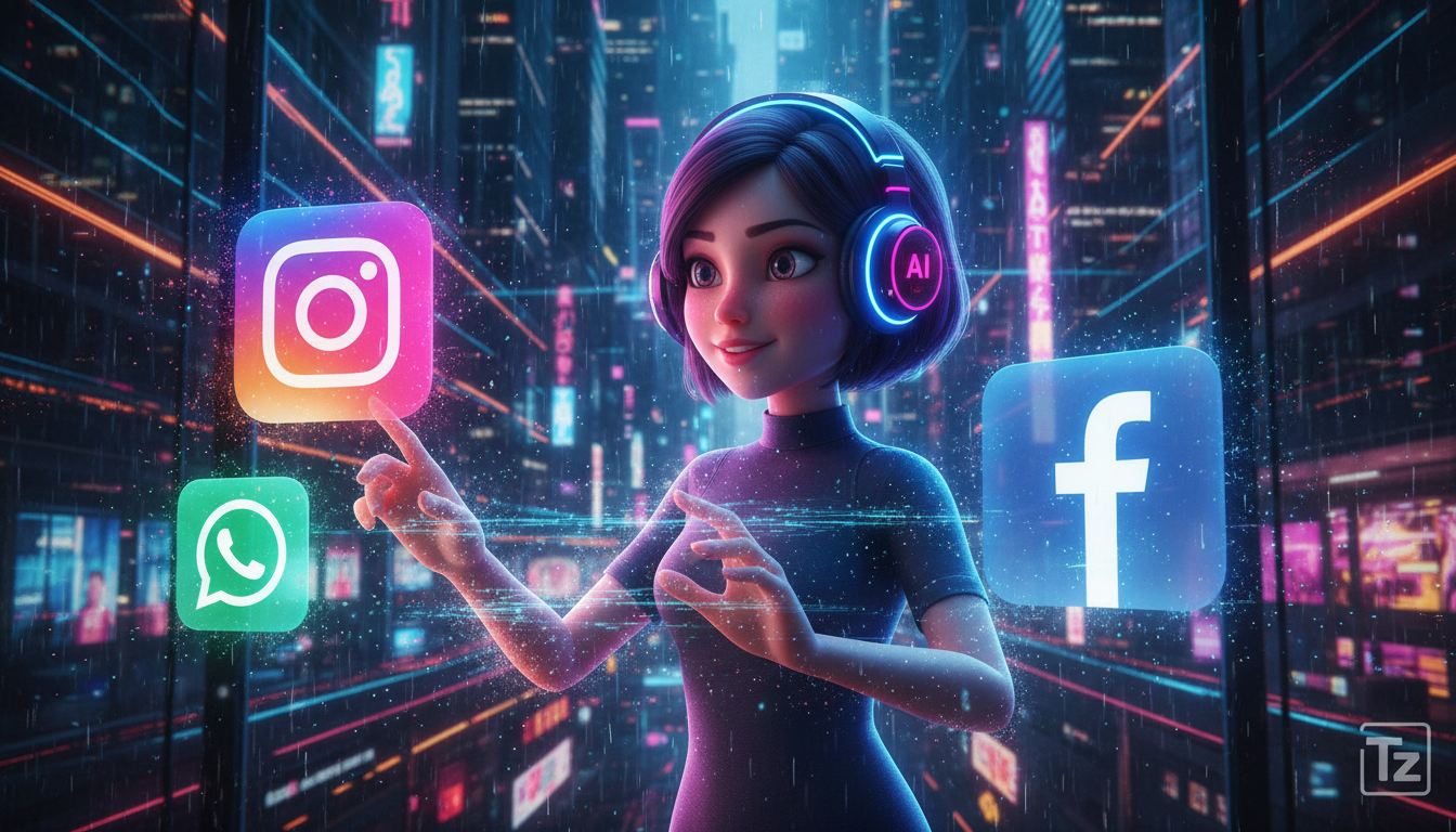 Radar de IA: novidades e destaques do mês — Uma atendente virtual em estilo de desenho animado, vestindo um headset, interagindo com vários ícones de redes sociais (Instagram, Facebook, WhatsApp) que 
