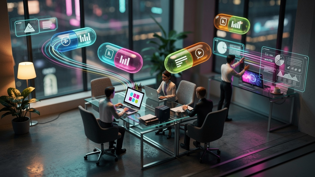 Radar de Pílulas de Conteúdo: novidades e destaques do mês — Ilustração isométrica de um escritório moderno onde pequenos personagens interagem com pílulas de conteúdo que flutuam no ar. As pílulas ex