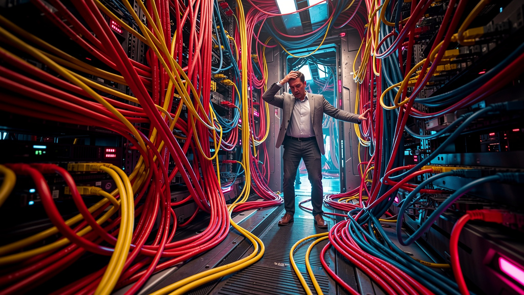 Radar de SSO: 7 melhores práticas e novidades para empresas em 2026 — Um labirinto de cabos de rede coloridos e emaranhados, representando a complexidade da autenticação múltipla. No centro do labirin