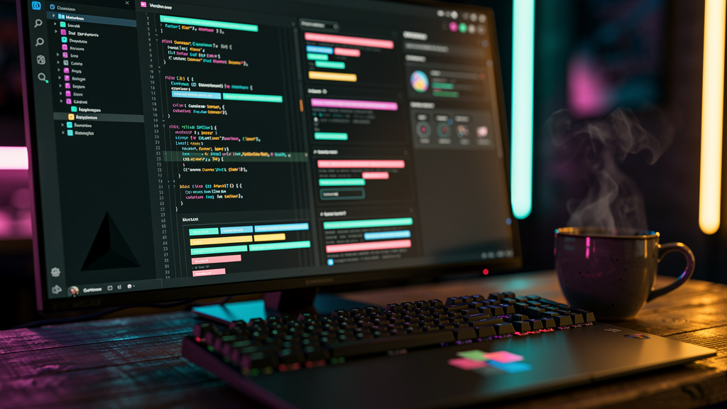 Radar de VercelNet: 7 aplicativos e domínios para ficar de olho em 2026 — Um close-up de uma tela de computador mostrando o código de um aplicativo Vercel em desenvolvimento, com o logo da Vercel suti