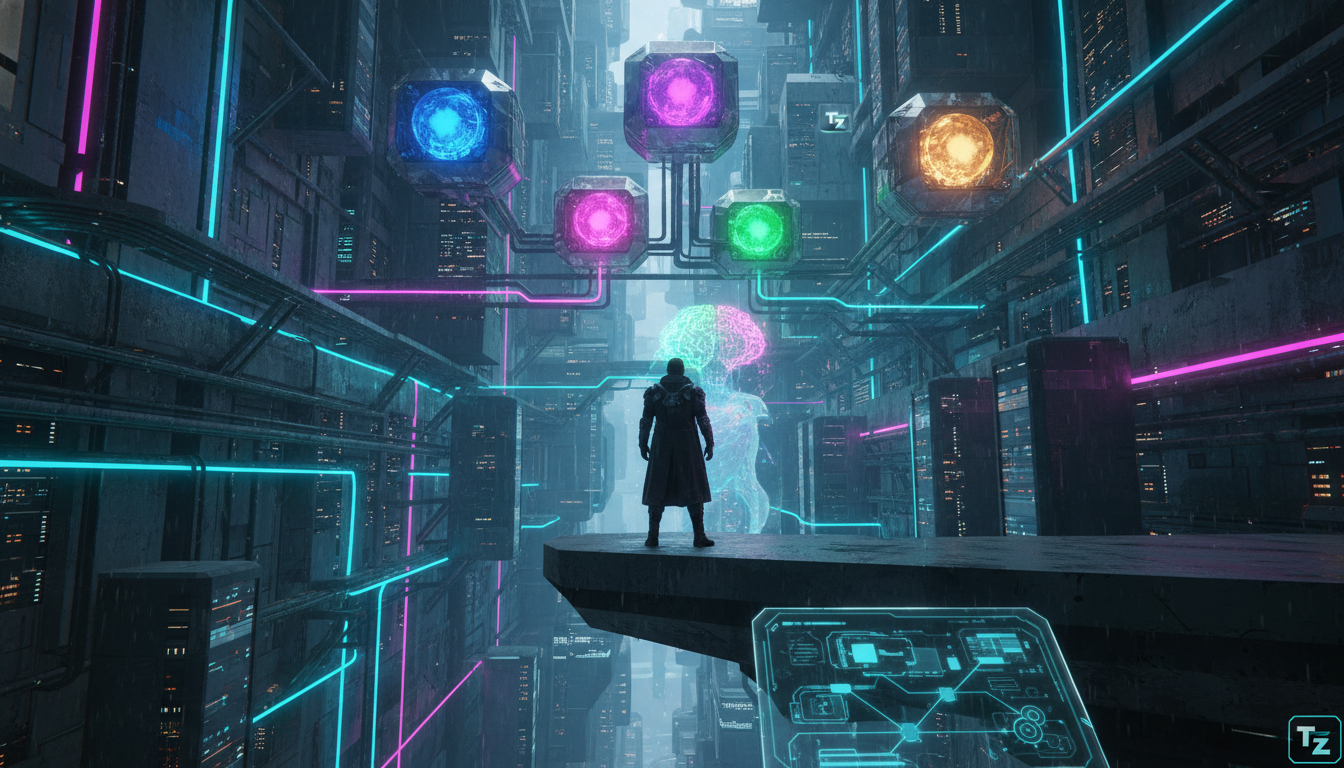 RAG: 5 Estratégias de Cache Além do Prompt para Turbinar sua IA — Create a high-end editorial illustration in a modern flat + gradient vector style.  STYLE: Clean, geometric, semi-abstract human figur