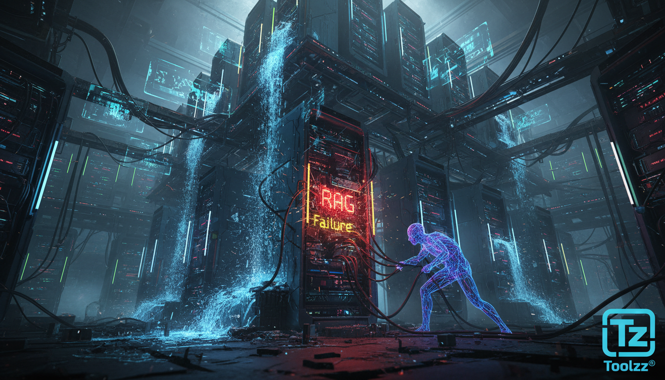 RAG Falha? Entenda os Perigos da IA e Como Evitá-los — Create a high-end editorial illustration in a modern flat + gradient vector style.  STYLE: Clean, geometric, semi-abstract human figures with min