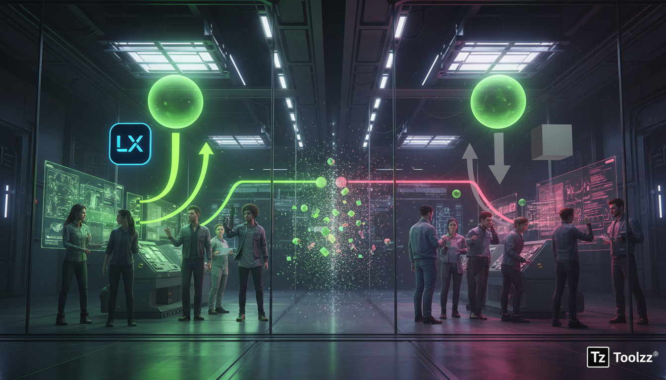 Randomização em Experimentos: A Base para Insights Precisos — Um diagrama ilustrativo mostrando dois grupos de colaboradores. Um grupo está usando a plataforma Toolzz LXP, com setas indicando um aumen