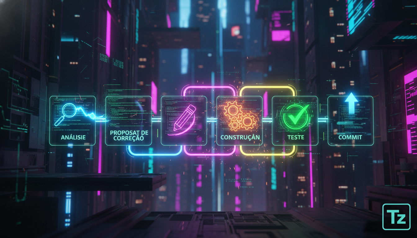 Ratchet CLI: Aprimore a Qualidade do seu Código com IA — Um diagrama de fluxo que ilustra o ciclo do Ratchet CLI: Análise (lupa sobre o código), Proposta de Correção (lápis corrigindo linhas), Constru