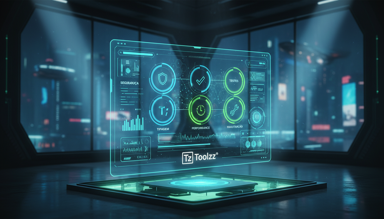 Ratchet CLI: Otimize a Qualidade do seu Código com IA — Visão isométrica de uma tela de terminal com o Ratchet CLI em execução. A tela mostra um dashboard com métricas de qualidade do código em seis d