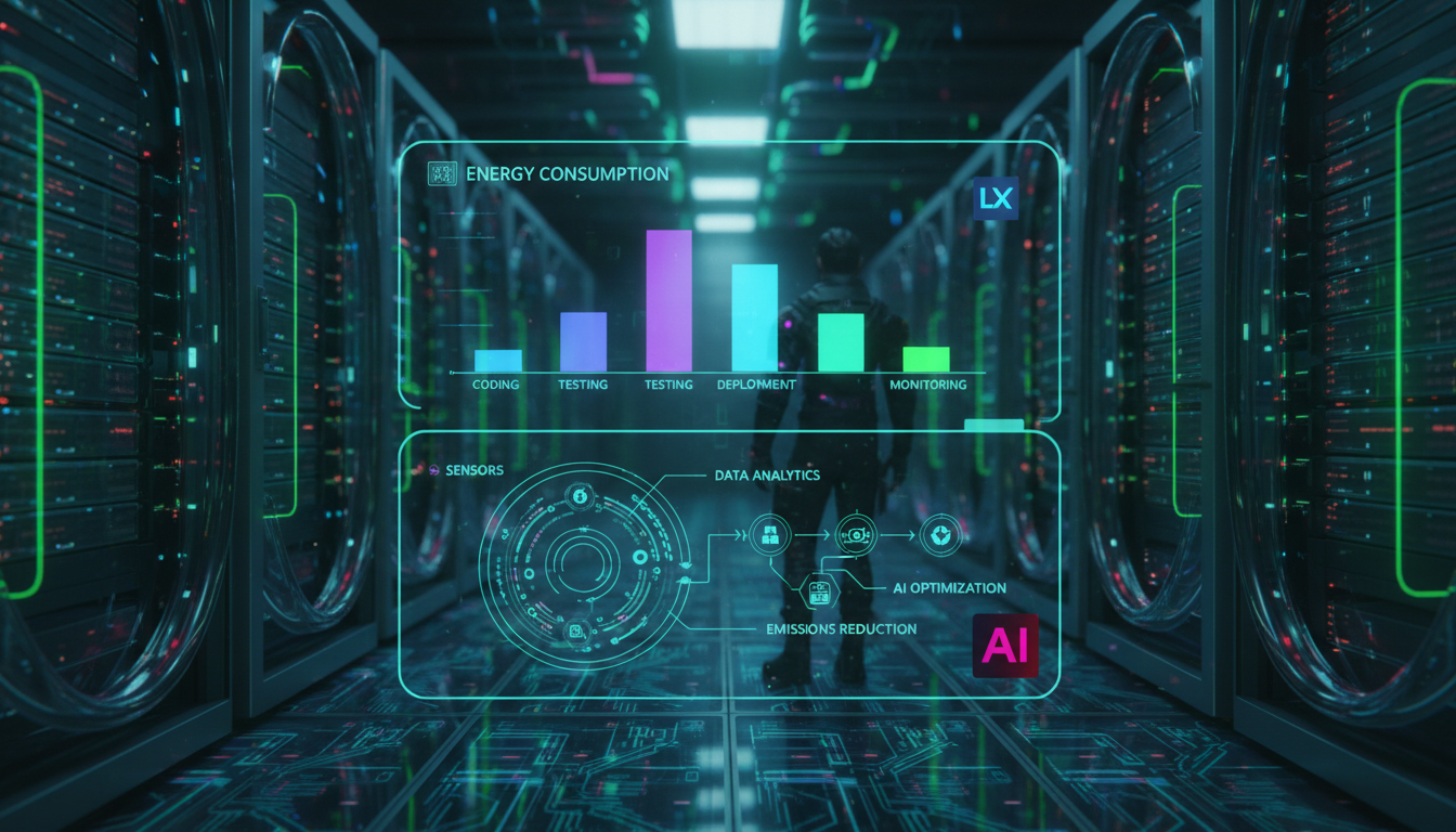 Reduzindo a Pegada de Carbono na DevOps: Como a IA Pode Ajudar — Um infográfico dividido em duas partes para carrossel no Instagram. Parte superior: Gráfico de barras comparando o consumo de energia d