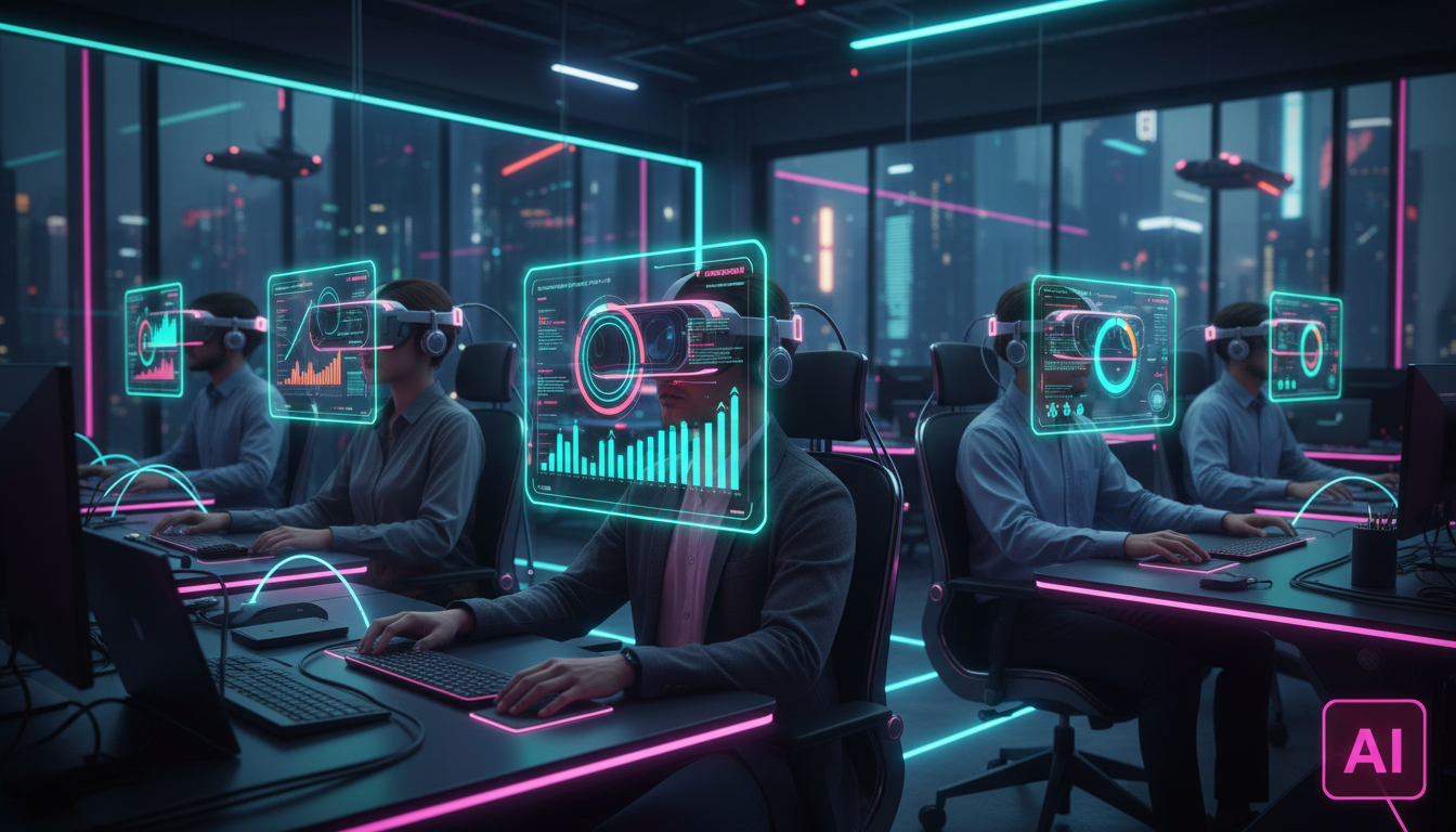 Reduzindo Fricção em Aprendizado via IA — Um grupo de colaboradores em um ambiente de escritório moderno, cada um usando um headset VR e interagindo com um ambiente de treinamento virtual. A tela de c