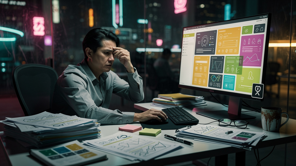 Reduzindo fricção em engajamento via LXP — Um funcionário visivelmente frustrado, sentado em frente a um computador com uma interface de LMS (Learning Management System) confusa e desorganizada. Pilha
