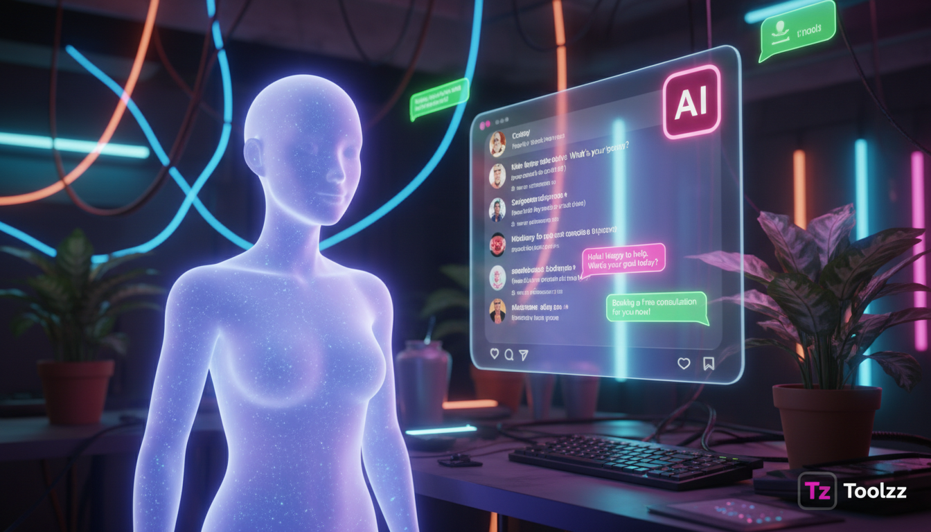 Reduzindo fricção em vendas via IA — Um agente de IA, visualizado como uma figura amigável e estilizada, monitorando um feed do Instagram repleto de comentários e mensagens diretas relacionadas a prod