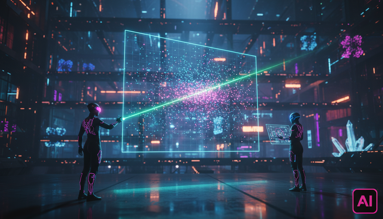 Regressão Linear: A Intuição Geométrica por Trás da IA — Create a high-end editorial illustration in a modern flat + gradient vector style.  STYLE: Clean, geometric, semi-abstract human figures with m