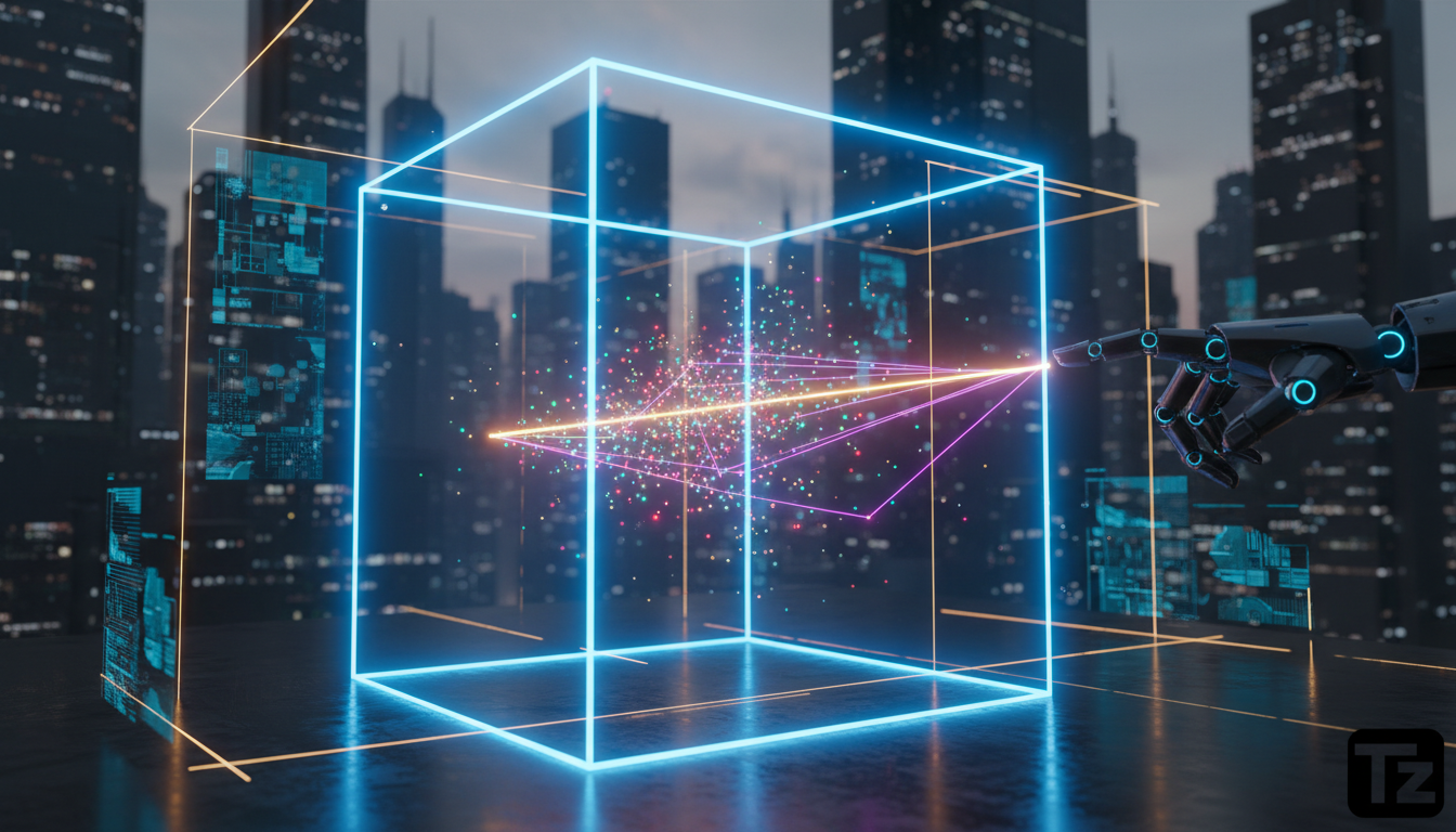 Regressão Linear Revelada: A Intuição Geométrica por Trás da IA — Create a high-end editorial illustration in a modern flat + gradient vector style.  STYLE: Clean, geometric, semi-abstract human figur