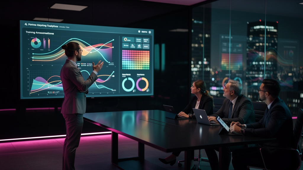 Relatórios Avançados: Guia Completo para Educação Corporativa — Um consultor de RH, em um escritório moderno e minimalista, está apresentando um dashboard complexo em uma tela grande para uma equipe. 