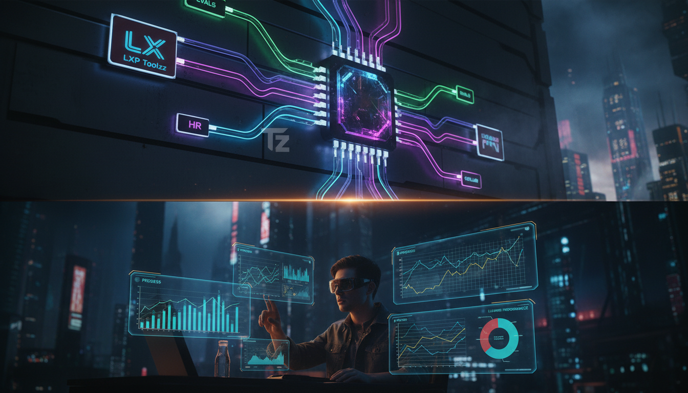Relatórios Avançados: Guia Completo para Educação Corporativa — Um infográfico dividido em duas partes (superior e inferior, para carrossel). Parte superior: diagrama de blocos mostrando a coleta de d