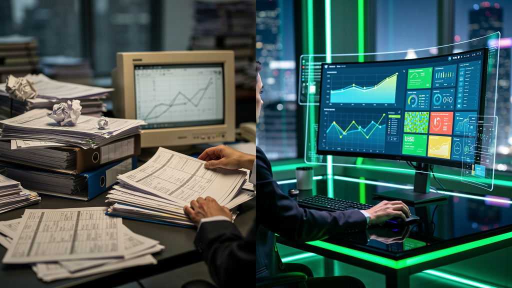 Relatórios Avançados: O Guia Completo para EAD — A split-screen illustration. On the left, a chaotic collection of papers, spreadsheets, and outdated charts represents traditional reporting methods. O
