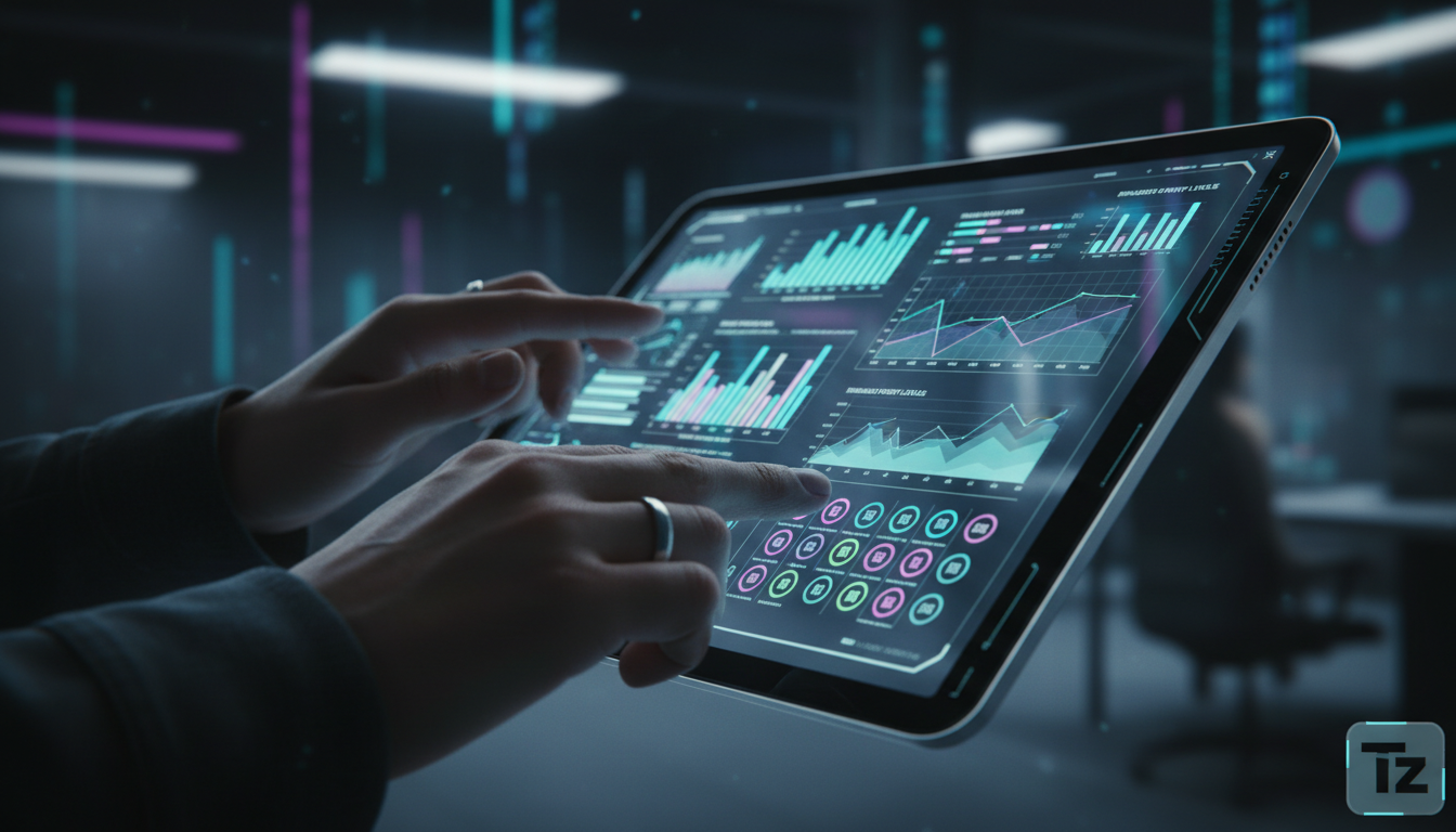 Relatórios Avançados: O Guia Completo para EAD — Close-up das mãos de um analista de dados, enquanto ele manipula um dashboard interativo em um tablet. O dashboard exibe métricas detalhadas sobre o de