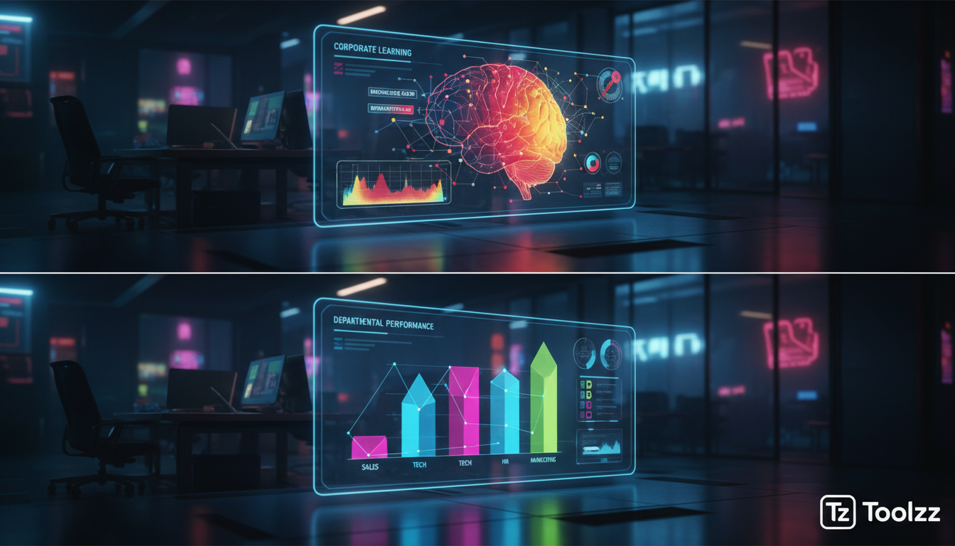 Relatórios Avançados: O Guia Completo para EAD — Visualização de um dashboard interativo mostrando a análise de dados de treinamento corporativo. Gráficos de barras exibem o desempenho de diferentes d