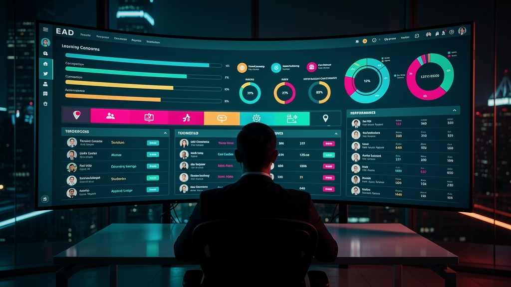 Relatórios de Progresso: Guia Completo para EAD — Ilustração de um painel de controle de EAD, mostrando diferentes tipos de relatórios de progresso: barras de conclusão, gráficos de desempenho, listas
