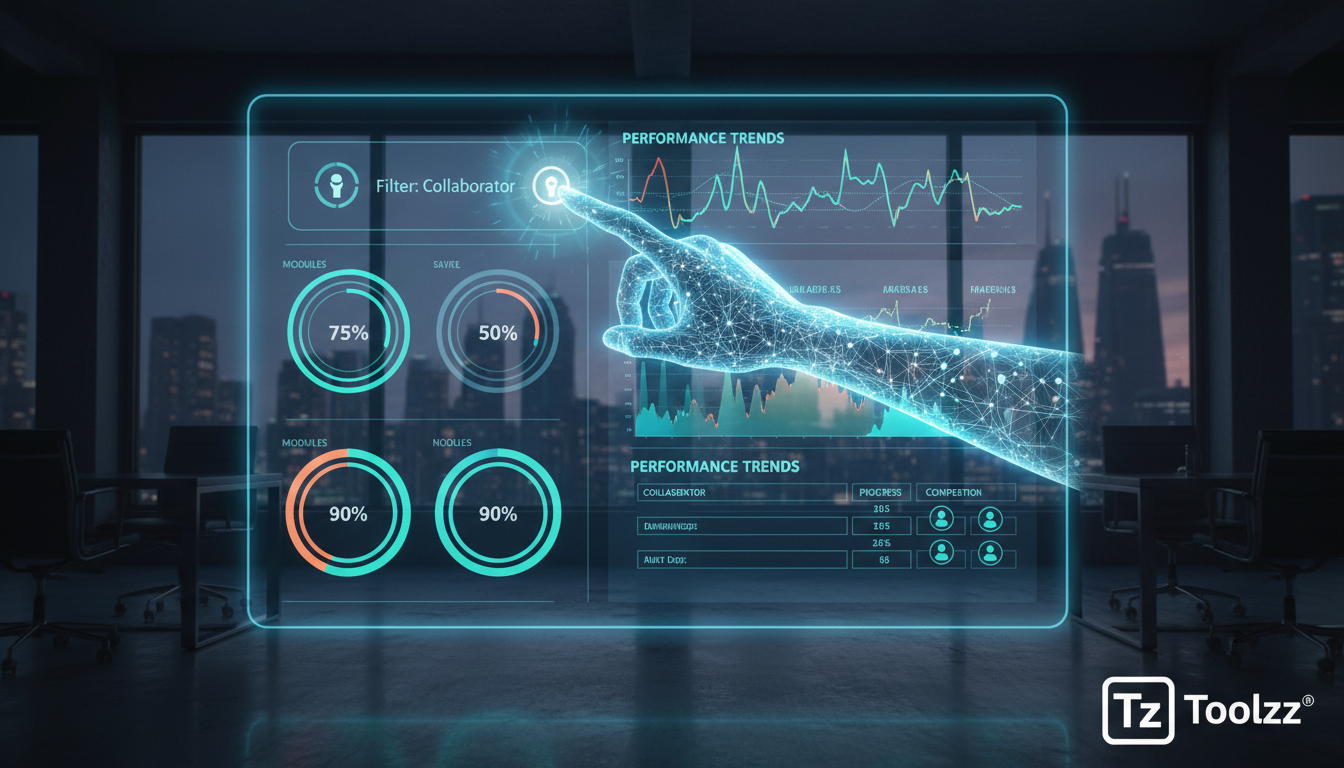 Relatórios de Progresso: Guia Completo para EAD — Um dashboard interativo exibido em um grande monitor touchscreen em um escritório moderno e iluminado. O dashboard mostra gráficos de desempenho, tabe