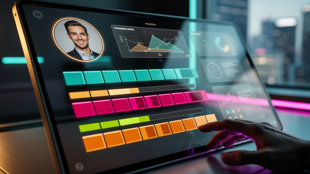 Relatórios de Progresso: Guia Completo para Educação Corporativa — Um close-up de um painel de controle digital exibindo um relatório de progresso individual. O painel mostra gráficos de barras colori