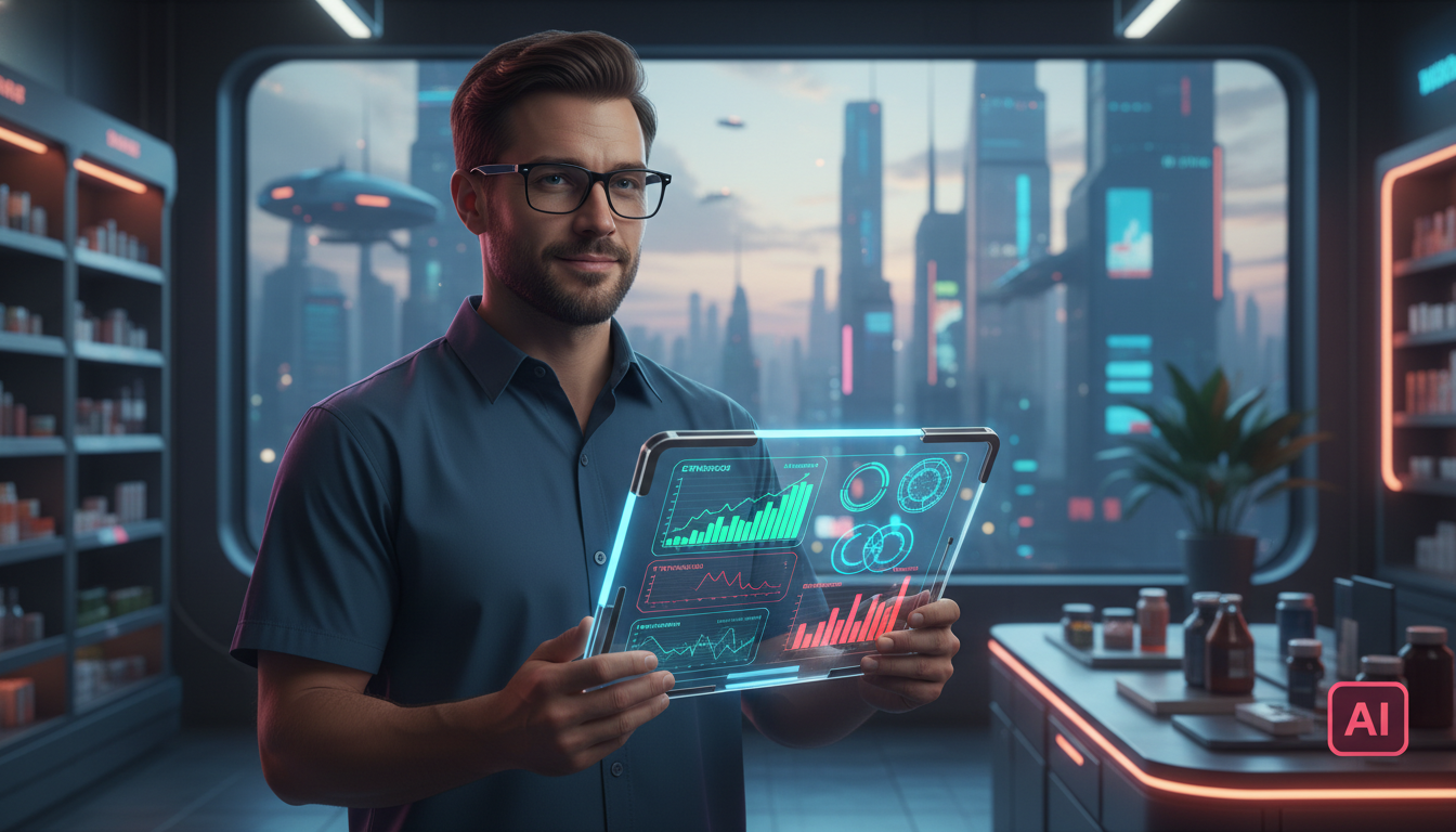 Resolvendo a Resistência da Equipe à Automação Instagram em 2026 — Um funcionário de farmácia em 2026, com um leve sorriso no rosto, olhando para um tablet onde ele monitora um painel da Toolzz AI que