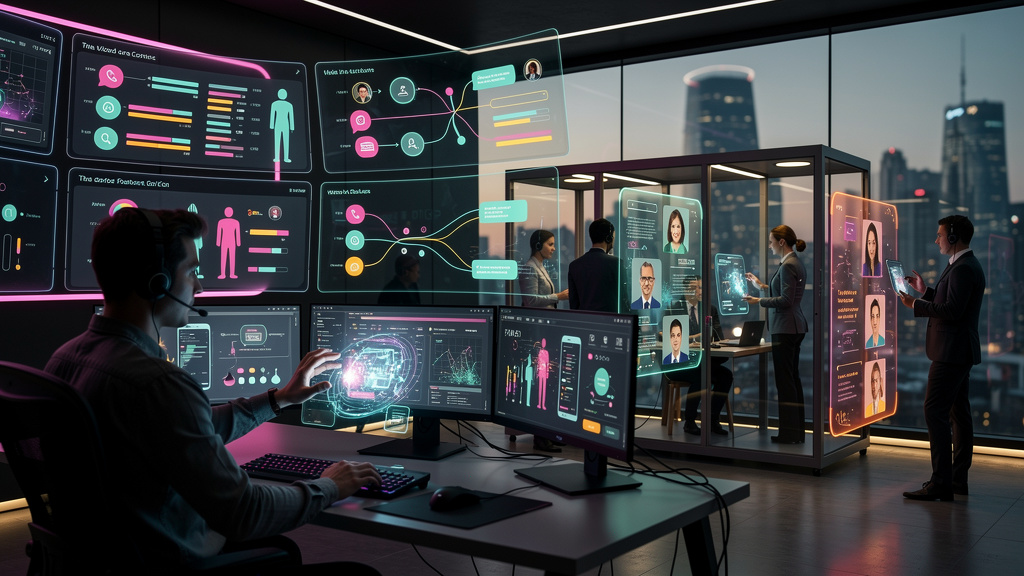 Resolvendo Atendimento Híbrido com IA em 2026: 7 Estratégias — Uma sala de controle futurista com vários painéis mostrando a jornada do cliente em diferentes pontos de contato. Um analista observa os 
