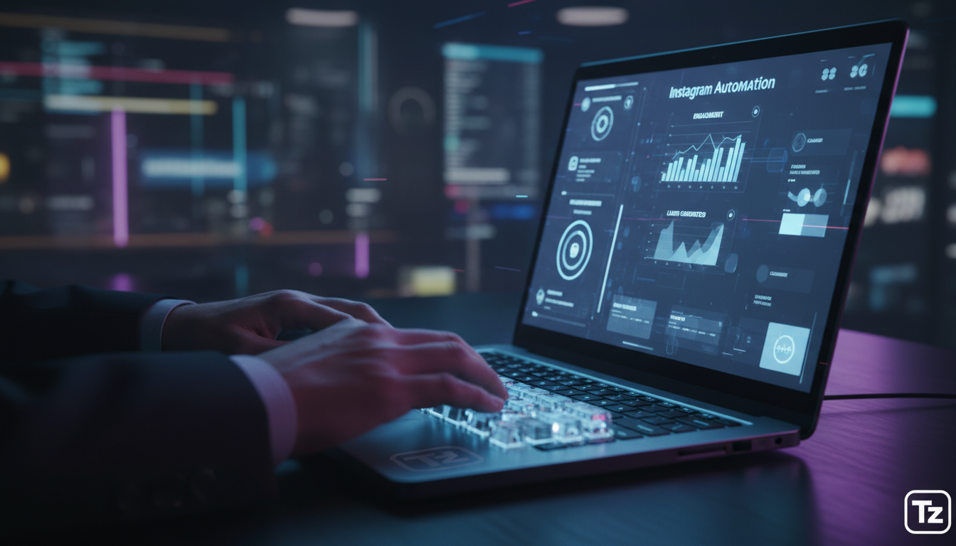 Resolvendo Aumento de Leads com Automação Instagram 2026 — Close-up das mãos de um advogado digitando em um teclado, com o reflexo da tela do computador mostrando um painel de controle de automação do