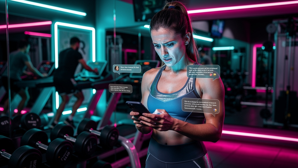 Resolvendo Engajamento com IA para Instagram em 2024 — Foto realista de uma influenciadora fitness em uma academia, visivelmente sobrecarregada, tentando responder a diversas mensagens e comentários n