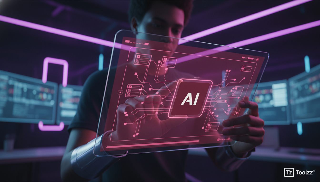 Resolvendo Resistência da Equipe a Agendamento IA em 2026 — Uma visão em close-up das mãos de um funcionário ajustando as configurações de um agente de IA da Toolzz em um tablet. A interface do tablet