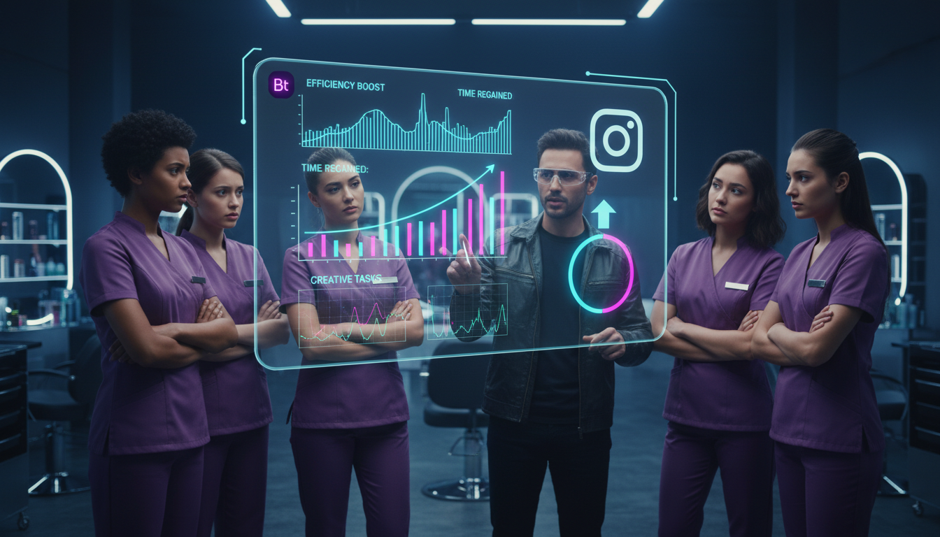 Resolvendo resistência da equipe à automação no Instagram em 2026 — Funcionários de um salão de beleza reunidos em volta de uma tela grande, inicialmente com expressões de preocupação e desconfiança. 