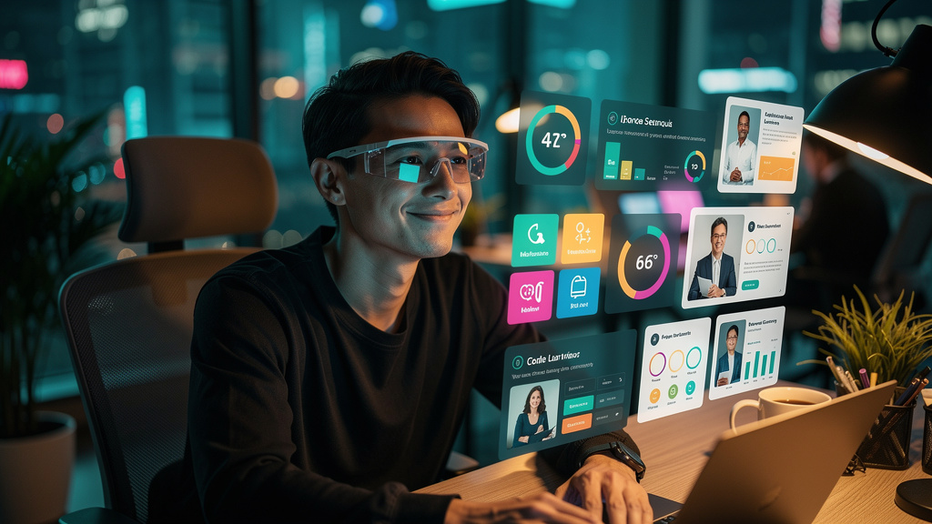 Resolvendo Resistência da Equipe à Educação Corporativa em 2026 — Um funcionário em 2026 usando óculos de realidade aumentada em seu escritório. A tela dos óculos exibe um dashboard da Toolzz LXP com 