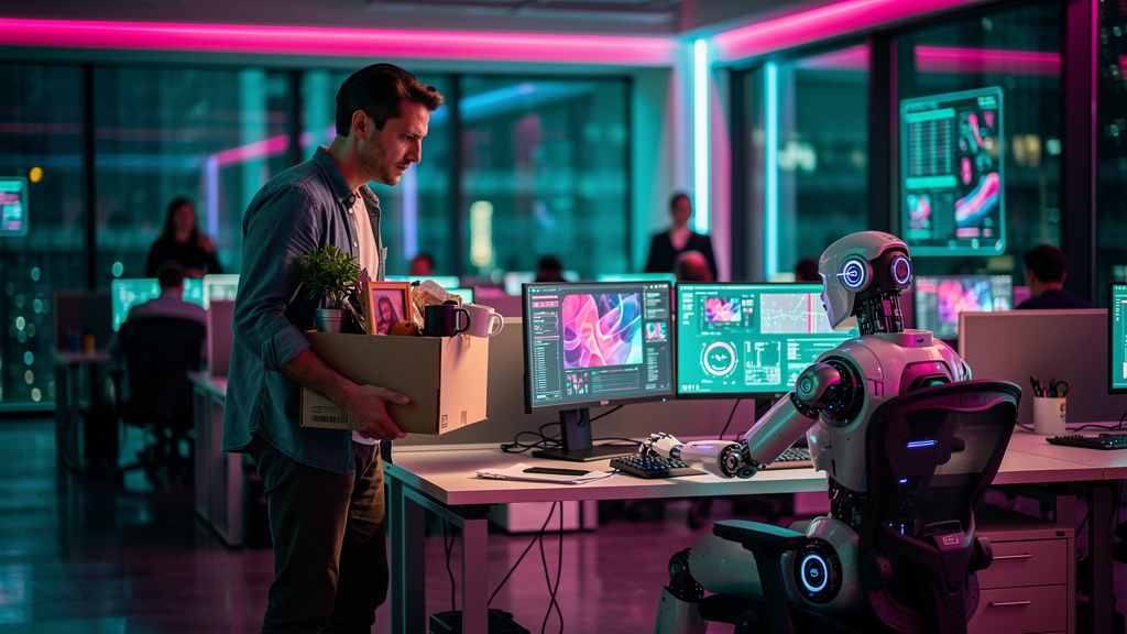 Resolvendo Resistência da Equipe à IA em 2026 — Ilustração de um funcionário de escritório olhando apreensivamente para um robô que está sentado em sua mesa, aparentemente substituindo-o. O robô está 