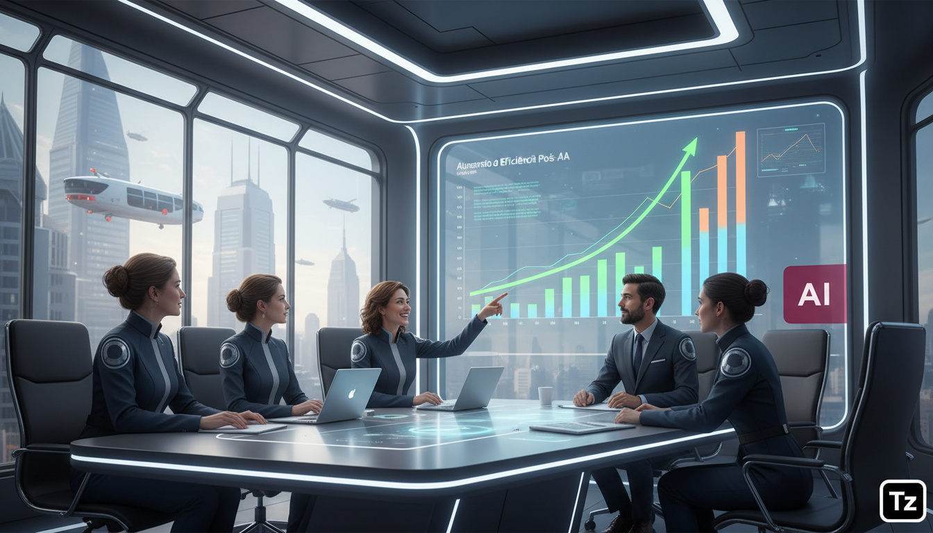 Resolvendo Resistência da Equipe à IA em 2026 — Uma reunião de equipe em uma sala de conferência iluminada por luz natural. Os membros da equipe estão olhando para uma tela grande que exibe um gráfico