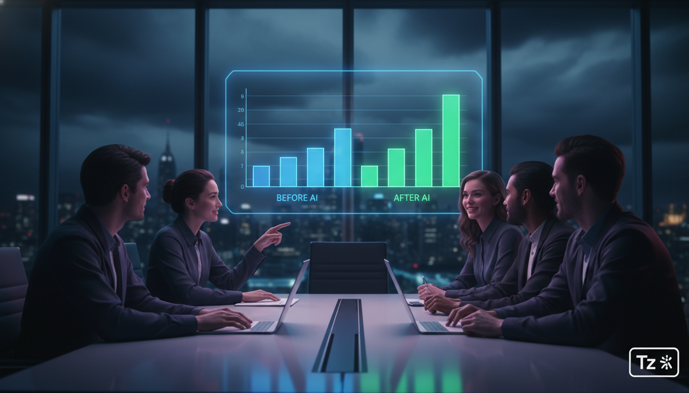 Resolvendo Resistência da Equipe a IA em 2026 — Uma sala de reunião iluminada, com uma grande tela mostrando um gráfico de barras comparando o desempenho de equipes antes e depois da implementação da 