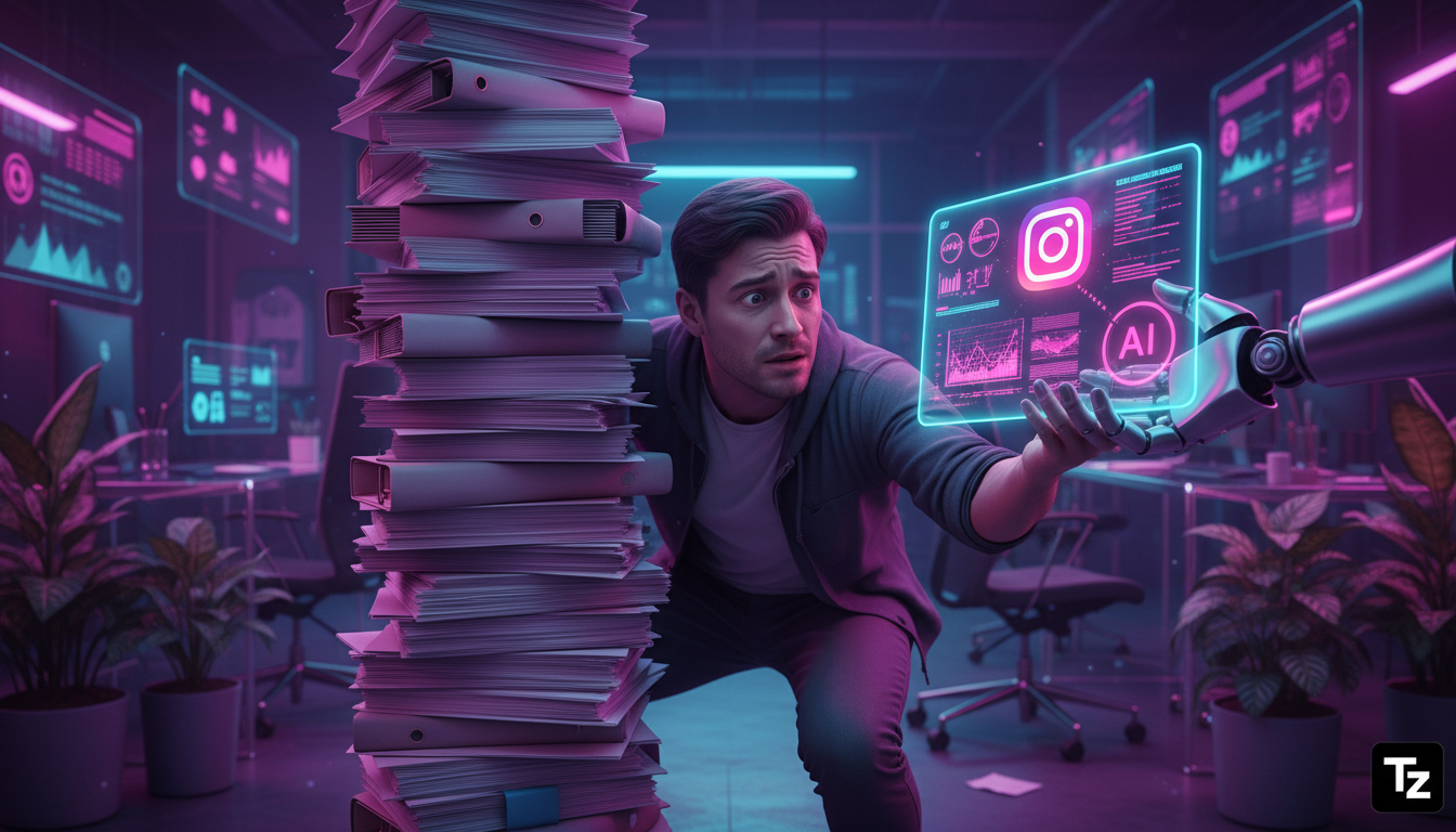 Resolvendo resistência da equipe a IA no Instagram Business em 2026 — Ilustração de um funcionário de marketing do Instagram se escondendo atrás de uma pilha de relatórios impressos, enquanto uma mão 