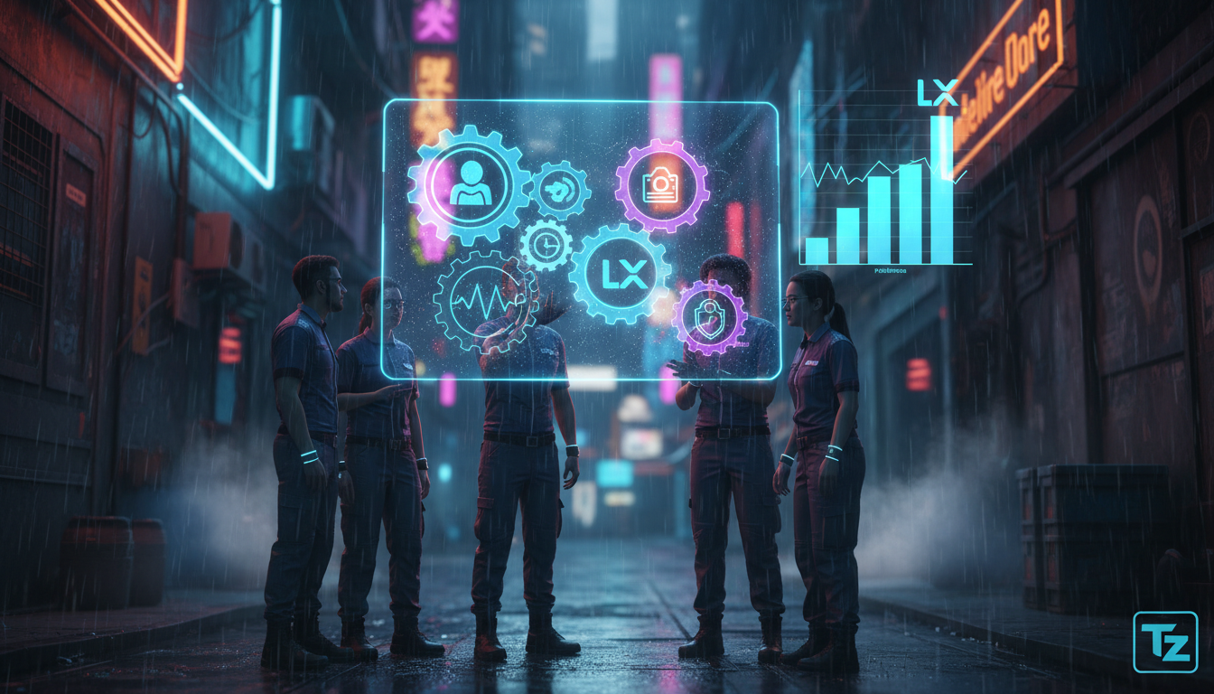 Resolvendo resistência da equipe ao Controle de Matrículas em LXP — Um diagrama infográfico dividido em duas partes para carrossel no Instagram. Parte superior: Ilustração de engrenagens interconectad