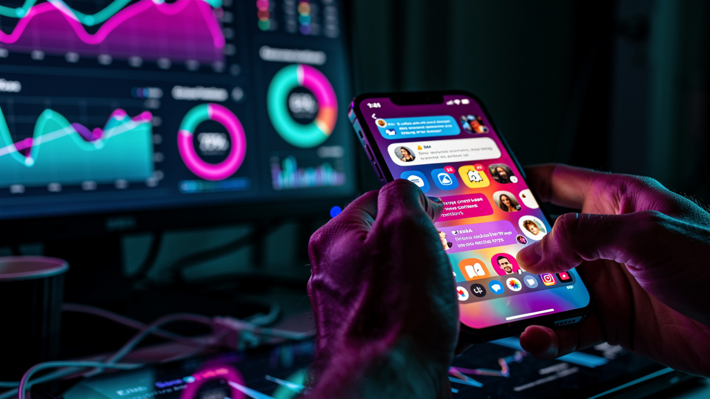 Resolvendo Vendas no Instagram com IA em 2026 — Close-up nas mãos de uma pessoa digitando rapidamente em um smartphone. A tela do celular exibe uma enxurrada de notificações do Instagram, incluindo DM