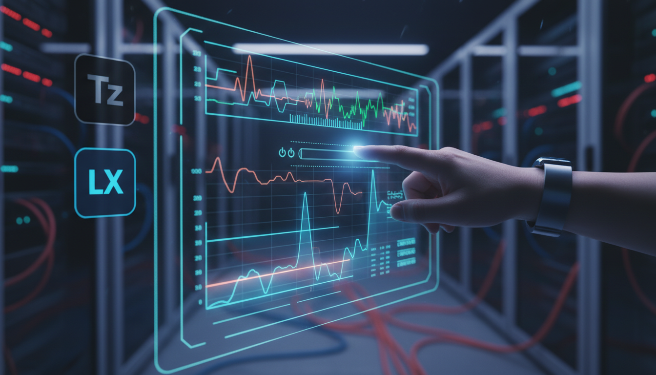 Resposta à Demanda de Energia: Lições do Google para Empresas — Um painel de controle de data center mostrando gráficos de consumo de energia em tempo real. Uma mão humana ajusta um controle deslizant