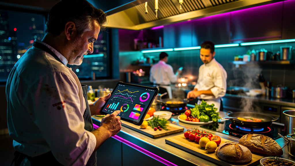 Restaurantes e Delivery: Domine o SEO com Blogs IA — Um chef de cozinha experiente, com um tablet em mãos, analisa dados de SEO de receitas em um painel da Toolzz. A tela do tablet mostra gráficos det