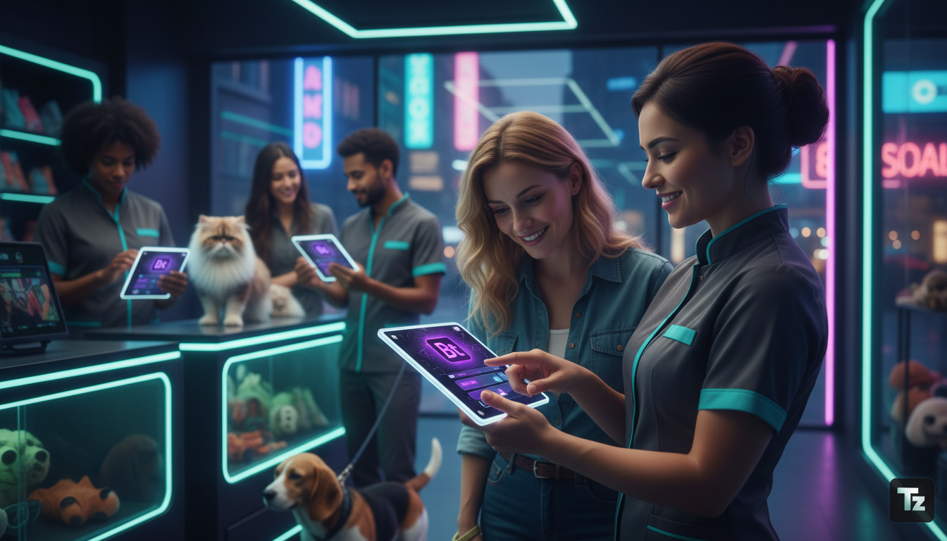 Resultados comprovados: Automação da API do Instagram em pet shops — Um pet shop movimentado com atendentes interagindo com os tutores e seus animais. Em primeiro plano, um atendente usa um tablet com