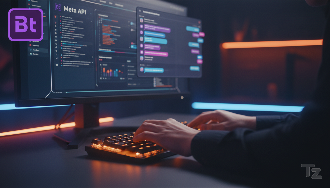 Resultados comprovados: Automação Instagram para B2B em 2024 — Close-up das mãos de um profissional de marketing B2B digitando em um teclado, com a tela do computador ao fundo exibindo um painel de co