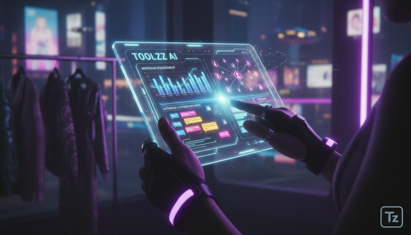 Resultados comprovados: IA para Instagram Business em 2024 — Um close-up das mãos de uma agente de vendas de moda usando um tablet para monitorar um painel de controle da Toolzz AI. O painel mostra gr