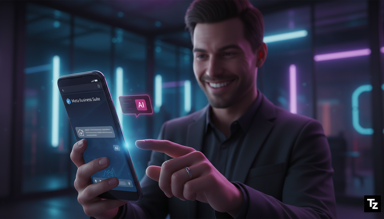 Resultados comprovados: Meta Business Suite IA em ação — Close-up de um smartphone mostrando a interface da Meta Business Suite em uso. Uma mão feminina bem cuidada está tocando na tela, interagindo c
