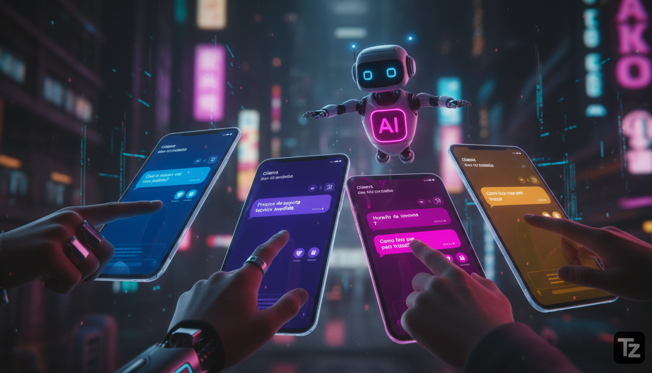 Resultados comprovados: Meta Business Suite IA em ação — Close-up estilizado de diversas mãos interagindo com telas de smartphones exibindo interfaces de chat com diferentes layouts e cores. Cada tela