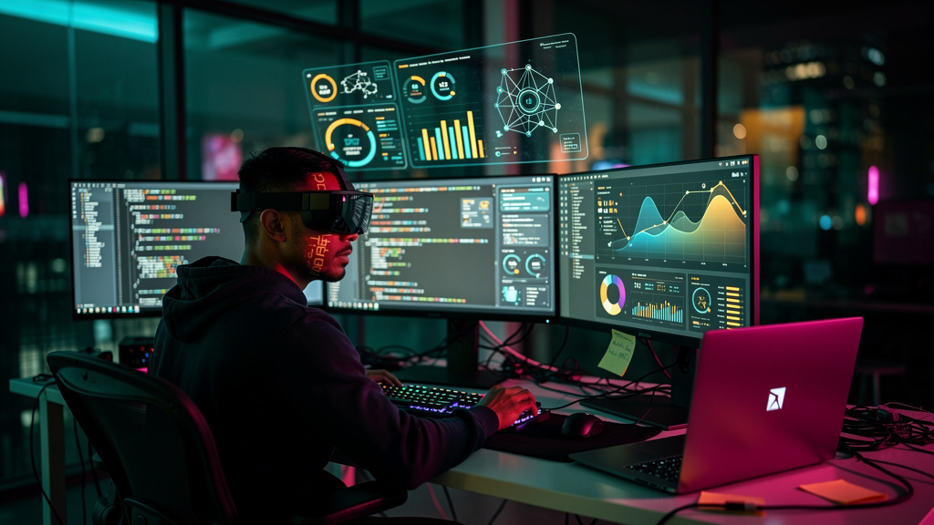 Resultados comprovados: OpenClaw, RAG e IA em ação — Um desenvolvedor de software, em frente a três monitores exibindo linhas de código complexas e painéis de monitoramento em tempo real. Ele está usa