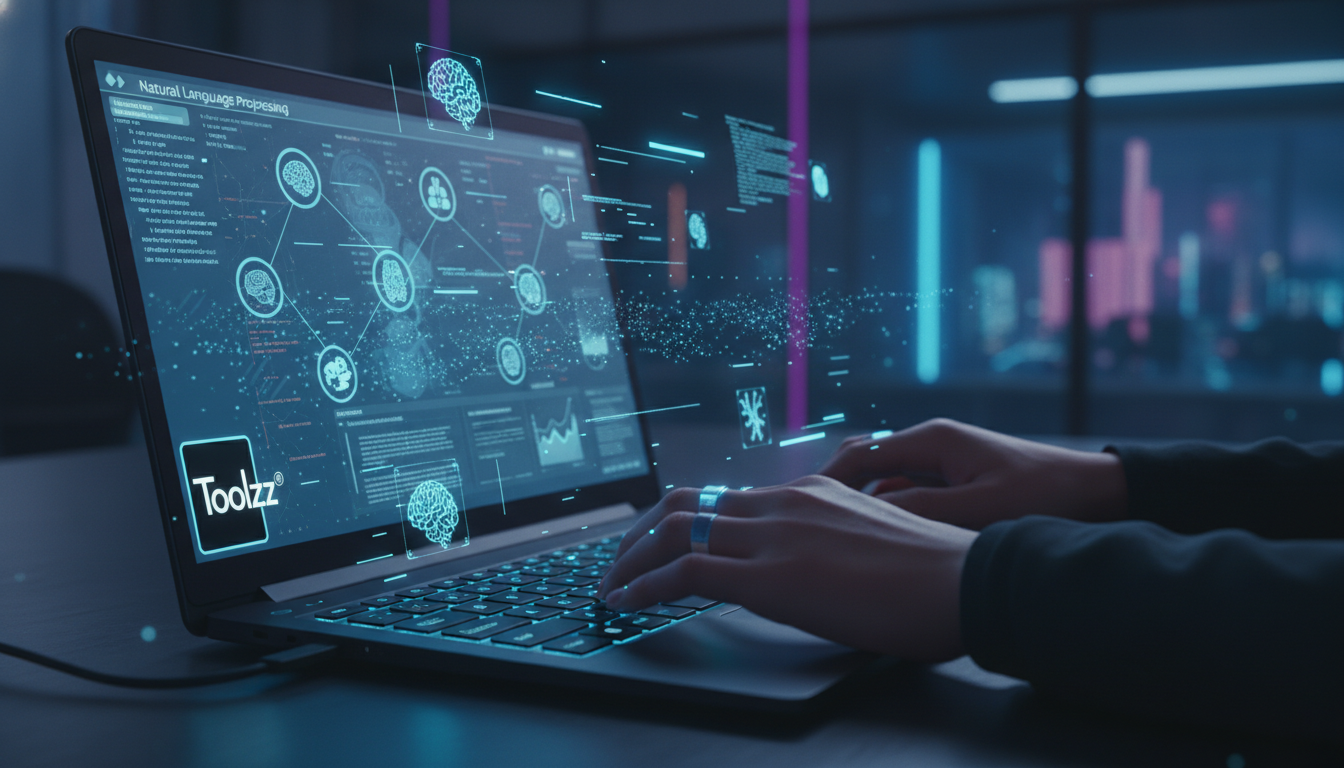 Resumo de Aulas com IA: O Guia Completo para EAD — Close-up de uma mão digitando em um teclado, com linhas de código e ícones de inteligência artificial flutuando ao redor. A tela do laptop mostra uma