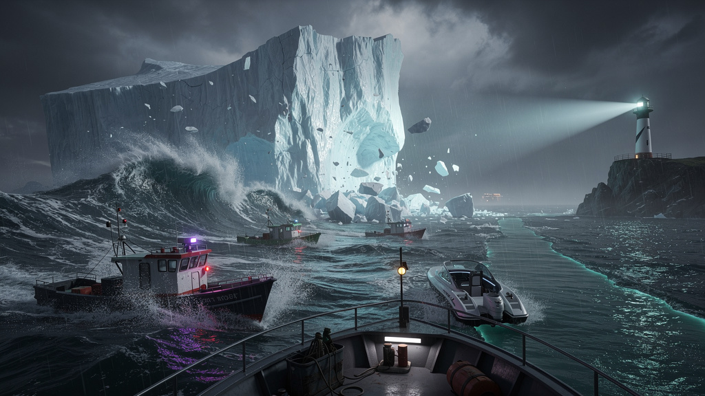 Retenção de Clientes e Sustentabilidade: 7 Estratégias Essenciais em 2026 — Um iceberg gigante derretendo em um oceano escuro, simbolizando a perda de clientes (churn). Pequenos barcos (empresas) luta